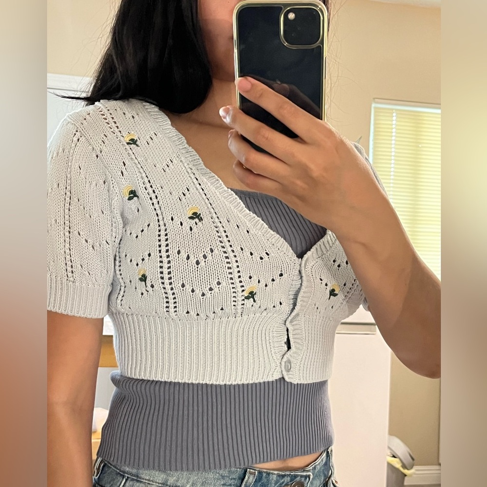 Light Blue Knit Cardigan with Floral Embroidery